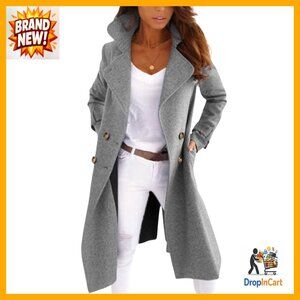 Elegant Double Breasted Wool Blend Pea Coat Long Overcoat Classic Chic